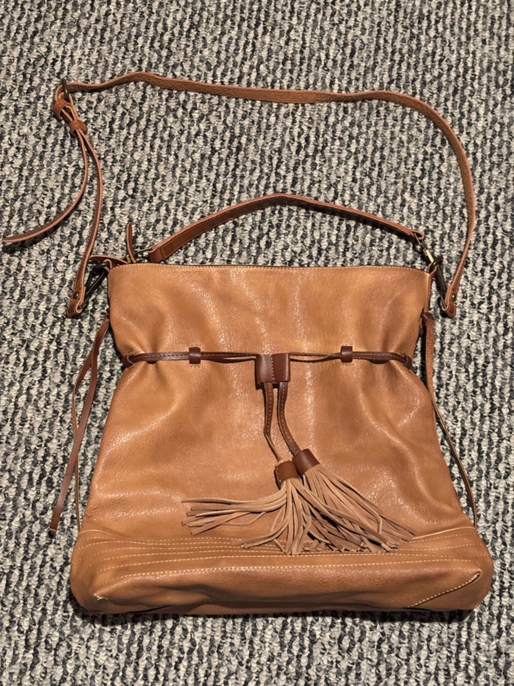 Free People Tan Leather Drawstring Tassel Shoulder Bag